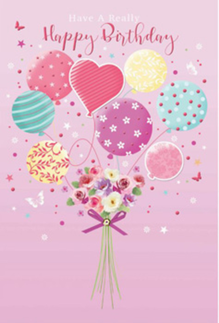 Dreamy birthday card artwork featuring a pastel balloon bouquet and hand-tied flowers, imagined as if created in a boutique studio near Shadwell's riverside walk. The design is set against a soothing pink canvas, which allows the colours of the balloons to glow: pale sunshine yellow, rosy fuchsia, lilac, mint green, and delicate peach all blend together like the changing light over the Docks. Each balloon is lovingly detailed with patterns-looping stripes, dainty dots, tiny blossoms, and swirling ribbons-so they look almost weightless, gently tugging the flowers below toward the sky. At the base, a small but intricate bouquet rests, its stems gathered tight and bound with a sparkling violet bow. The flowers resemble miniature roses and soft, daisy-like blooms, each petal shaded from warm cream to blush rose as though brushed by the first light creeping past Shadwell Basin. Around them, feather-light butterflies and tiny star shapes flutter, adding to the sense of gentle jubilation. You can almost imagine the soft rustle of paper and the quiet concentration of the florist's hands as the bouquet is tied, ready to be slipped into a gift bag destined for a birthday tea off Commercial Road. The composition radiates care and thoughtfulness, capturing a feeling of being cherished-an airy, uplifting birthday greeting suited to celebrating milestones and little moments alike in homes and cafés across Shadwell.