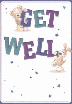 Full of hopeful energy, this get well card features a loveable bear clasping the top of a bold 'GET' and an affectionate puppy nestled playfully beside 'WELL' below. The joyful, rounded forms of these endearing friends evoke the comforting touch of a well-loved childhood toy-familiar as a stroll along Cable Street after a summer rain. The overlapping indigos and teal shades used in the playful lettering pop brightly against a crisp, clean white field, echoing the clarity and vibrance of Shadwell's riverside mornings. Scattered stars in gentle blues and purples dance across the scene, infusing it with a sense of hope and small daily miracles. Viewing this illustration as a florist, I'm reminded of composing a bouquet for someone convalescing here in Shadwell-each color, texture, and placement chosen to spark a sense of optimism and ease. The lively warmth exuded by the bear and puppy's expressive faces, paired with the tactile promise of soft fur and velvet ears, transforms this simple card into a genuine act of care. It serves as both a message and an emotional remedy-a tangible piece of comfort meant to brighten someone's day in our Salter Street community.