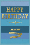 Tasteful blue and gold birthday card posed as though it has just been placed on a table beside a birthday bouquet in a Shadwell home. The front of the card features a series of broad horizontal stripes in varying shades of blue, starting with inky navy at the base and moving gradually through mid-tones of denim and teal up to a lighter, serene blue at the top. This layered ombre effect creates a sense of depth and stillness, much like the layered skyline you might glimpse walking from Shadwell Station towards the river at first light. At the centre of the design, the message "HAPPY BIRTHDAY" appears in large, embossed gold capital letters, slightly arched and perfectly spaced. The metallic finish is luminous yet gentle, reflecting light with a soft glow. Beneath this main greeting, a delicate golden flourish stretches across the card, a decorative line of loops and curves that adds an air of classic elegance. Below the flourish sit three slim golden banners, arranged one under another, each carrying a simple, warm wish: "Relax," "Have a great day," and "Enjoy!" The text on these banners is clear and inviting, contributing to a laid-back, comforting tone. A slender gold border runs around the edge of the card, bringing all the elements together into a balanced composition. The card's surface appears smooth and matte, contrasting beautifully with the raised, reflective gold details. Everything about the image suggests a calm, thoughtful birthday in Shadwell, perhaps shared with a small group of loved ones, fresh flowers, and a quiet promise to take the day gently.